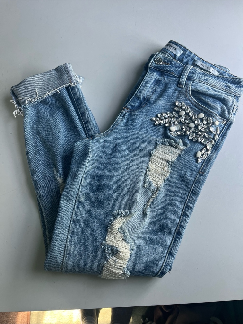Guess Light Blue Distressed Skinny Jeans with Crystal Embellishment
